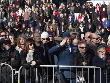Crowds watch the Remembrance Day ceremony from Parliament Hill near the National War Memorial in Ottawa on Tuesday, November 11, 2014.
