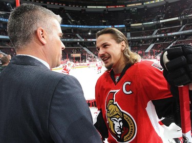TSN's Brent Wallace interviews Erik Karlsson #65 of the Ottawa Senators during the warmup.