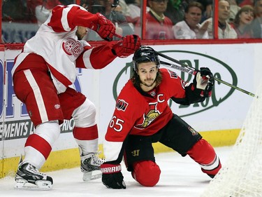 Erik Karlsson looks at the referee hoping to get a tripping call but no luck in the second period.