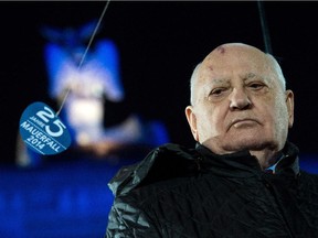 Former leader of the Soviet Union Mikhail Gorbachev takes part in the celebration on the occasion of the 25th anniversary of the fall of the Berlin Wall in front of the Brandenburg Gate in Berlin, Germany, Nov. 9,  2014. Numerous events are taking place in Berlin to commemorate the 25th anniversary of the fall of the Berlin Wall.