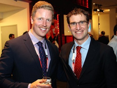 From left, former Olympic athletes Cody Sorensen (bobsleigh) and Jeff Bean (freestyle ski), now both working with RBC, attended the Gold Medal Plates dinner held at the Shaw Centre on Monday, November 17, 2014.