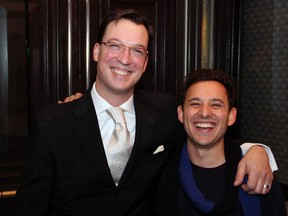 From left, popular restaurateur Stephen Beckta with Harley Finkelstein from Shopify at a pre-opening party on Friday, Nov. 14, 2014, for Beckta Dining and Wine's hot new location at the historic Grant House on Elgin Street.