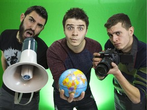 From left, The Weekly Show co-creators, Nader Kawash, Anas Marwah and Maher Barghouthi, photographed in their basement studio where they create a Youtube show aimed at countering radical Islamist propaganda through satire.