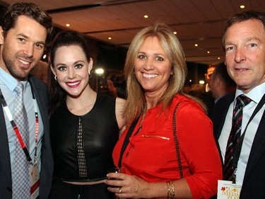From left, two-time Olympic skier Ryan Semple mingled with Olympic gold and silver ice-dance medalist Tessa Virtue and Mary Taggart and her husband, Chris Taggart, president of sponsor Tamarack Developments, at the Gold Medal Plates dinner held at the Shaw Centre on Monday, November 17, 2014.