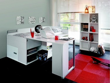 Great for children and small spaces, the Dimix bed by Gautier features an integrated slide-out desk and built-in storage.