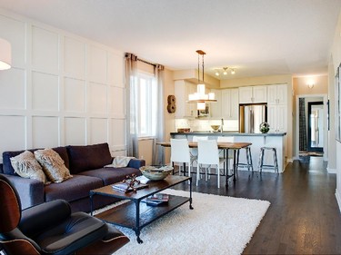 The Duet feels large yet cosy, with plenty of room for six at the wood-topped table in the dining area overlooked by a classic white kitchen with generous cupboards and quartz counter. A dark engineered oak floor ties it all together.