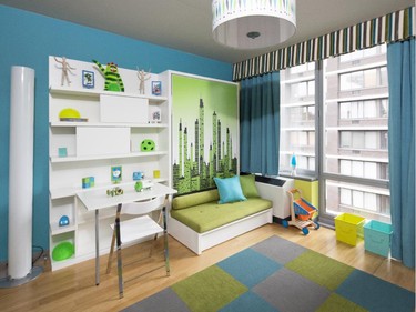 A condo efficiently provides both a play area and a fun bedroom with space-saving pieces from Resource Furniture. A wall bed becomes a funky city skyline behind a child’s sofa that stores toys, while a shelving unit that includes a fold-down desk can be tucked out of the way.