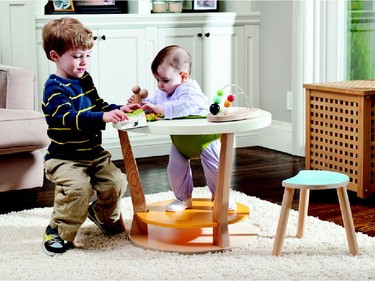 Another example of multi-purpose pieces that grow with your child is The Bobbin Triple Play Centre by Three Pears in Toronto. For infants it’s a baby seat and play centre, for toddlers it becomes an activity table, and for older children it flips over and the baby seat is removed to become a work table. It’s $549 at threepears.ca.