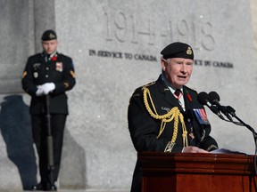 Gov. Gen. David Johnston speaks during the Remembrance Day ceremony at the National War Memorial in Ottawa on Tuesday, Nov. 11, 2014.