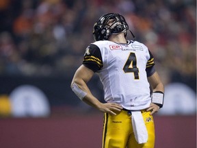 Hamilton Tiger-Cats quarterback Zach Collaros reacts during the 102nd Grey Cup against the Calgary Stampeders in Vancouver, B.C. Sunday, Nov. 30, 2014.