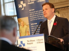 John Baird, Member of Parliament for Ottawa West–Nepean and Minister responsible for the National Capital Commission, announces a Carling Ave land lease to the Ottawa Hospital for a future hospital campus, November 03, 2014. (Jean Levac/ Ottawa Citizen)