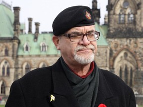 Michael Blais, president of Canadian Veterans Advocacy, at a small rally on Parliament Hill for veterans and mental health, in Ottawa on Saturday.