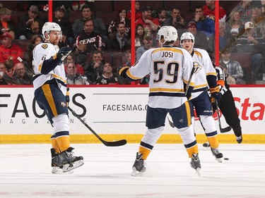 Shea Weber #6 of the Nashville Predators celebrates his first period power-play goal.