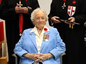 Norma Zelia Watts, 93, waits to receive her medal as the Order of St. George Investiture Ceremony for Field Knights and Field Dames was held at The Perley and Rideau Veterans‚ Health Centre honouring a group of twelve veterans. The Order of St. George was inspired by the Fraternal Society of Knighthood of St. George founded 680 years ago and was established in Canada in March 2003. The most important charitable function of the Order is contributing funds to support the families of fallen or wounded Canadian Armed Forces personnel.