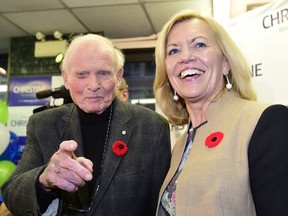 Former Ontario Premier Bill Davis poses with Ontario PC leadership candidate Christine Elliott in Toronto on Saturday Nov. 8, 2014.