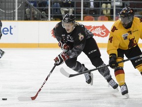 Ottawa 67's #40 Alex Lintuniemi goes for the puck against Bulls #14 Jordan Subban.