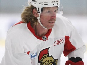 Daniel Alfredsson wears a Sens jersey as he plays shinny hockey on August 19, 2013, at the Sensplex, in Ottawa.