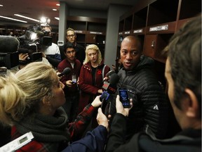 Ottawa Redblacks quarterback Henry Burris speaks to reporters on Sunday, when the players cleaned out their lockers after a 2-16 expansion season.