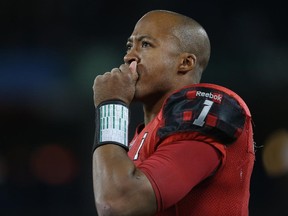 Quarterback Henry Burris of the Ottawa Redblacks looks on from the sidelines during a 23-5 loss in Toronto that capped a 2-16 expansion season.