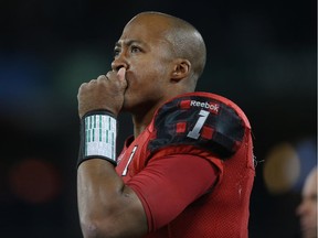 Henry Burris #1 of the Ottawa Redblacks looks on from the sideline during their loss during CFL game action against the Toronto Argonauts on November 7, 2014 at Rogers Centre in Toronto, Ontario, Canada.