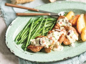 This Pan-Fried Pork with Olive Tapenade can be made in 40 minutes or less and uses just one frying pan.