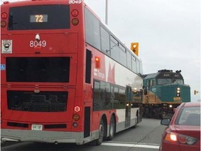 Bus and train incident at Fallowfield Nov. 6 posted on Twitter by @Boyler33 with post "@OCTranspoLive  close call in Barrhaven this morning. #OCTranspo