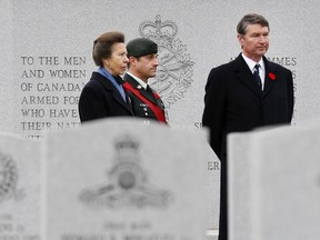 Princess Anne and Vice Admiral Sir Tim Laurence stop to view the various plots as she tours the National Military Cemetery located at Beechwood during her first day of a two day visit to Ottawa which will include attending Remembrance Day Ceremonies at the National War Memorial.