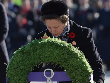Princess Anne lays a wreath as she takes part in the Remembrance Day ceremony at the National War Memorial in Ottawa on Monday, November 11, 2014.