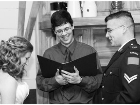 Scott Campbell officiates at the wedding of his good friends Elizabeth Lake and Colin Thompson. While he enjoyed the experience and was honoured to be asked, he was relieved when they sealed the ceremony with a kiss and the pressure was over.