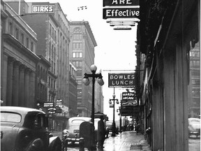 Sparks Street in an undated photo, with the Citizen building at right and Birks at left. In 1960, the street was closed to vehicles and became a pedestrian mall.