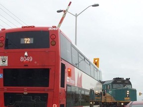 A photo circulating on Twitter (above) appeared to show a double-decker Route 72 bus with the crossing security arm apparently sitting on its roof.