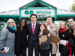 Whitby-Oshawa federal byelection candidate Celina Caesar-Chavannes (second from left) got a recent boost while campaigning from Liberal leader Justin Trudeau.