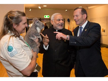 India's Prime Minister Narendra Modi and Australia's Prime Minister Tony Abbott, meet Michele Barnes and Jimbelung the koala.