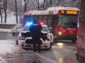 A car and number 97 OC Transpo bus collided on Slater near the Bronson St intersection.