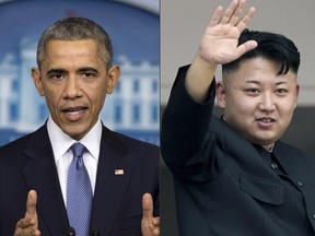 This photo combination shows U.S. President Barack Obama, left, and North Korean leader Kim Jong Un. North Korea has compared Obama to a monkey and blamed the U.S. for shutting down its Internet amid the hacking row over the movie "The Interview." (AP Photos)