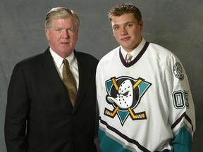 Bobby Ryan is pictured with general manager Brian Burke after being selected No. 2 overall by the Mighty Ducks of Anaheim in 2005.