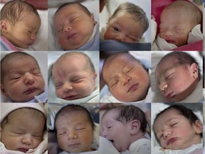 A combo picture shows portraits of new born Israeli babies on October 31, 2011 at the maternity ward of the Hadassah Ein Kerem hospital in Jerusalem. According to the United Nations, the global population will hit 7 billion on October 31.