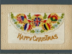 An embroidered Christmas card from the front.