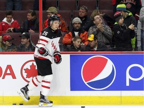 Curtis Lazar #26 of Team Canada skates in the warm-ups prior to the start of a game against against Team Sweden during an World Junior Hockey pre-tournament game at Canadian Tire Centre in Ottawa on December 21, 2014.