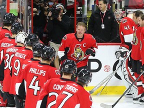 Daniel Alfredsson of the Ottawa Senators skates in the pre-game warm up for the last time at the Canadian Tire Centre in Ottawa, December 04, 2014.