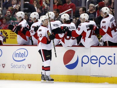 Ottawa Senators right wing Erik Condra (22) celebrates his goal with his teammates in the second period.