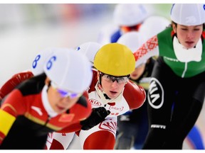 Ivanie Blondin of Canada competes in the Ladies' Mass Start race in Berlin, Germany.