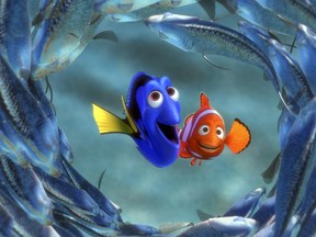 Scene from the Disney 2003 animated classic film Finding Nemo, featuring characters Dory, left, and Marlin. The story of a clownfish encouraged by an energetic but short-minded friend to 'just keep swimming' in the search for his son.
