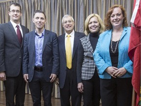 From left, Monte McNaughton, Patrick Brown, Vic Fedeli, Christine Elliott and Lisa MacLeod, the five contenders for the leadership of the Ontario PC Party, pose for a photo at a breakfast event at the Marconi Centre on Nov. 15, 2014.    (Darren Brown/Ottawa Citizen)