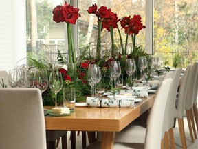 Red amaryllis blooms add a pop of colour and elegance to the dining room table at the home of New Zealand's high commissioner.