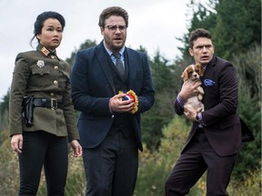 This photo provided by Columbia Pictures - Sony shows, from left, Diana Bang, as Sook, Seth Rogen, as Aaron, and James Franco, as Dave, in Columbia Pictures' "The Interview."