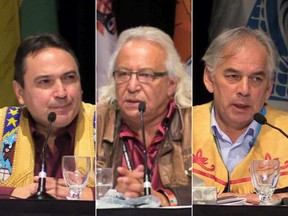 Left to right: Perry Bellegarde, Leon Jourdain and Ghislain Picard are contenders for Assembly of First Nations Chief during the all-candidates forum in Winnipeg on Tuesday, December 9, 2014. (Mark Kennedy/Postmedia News)