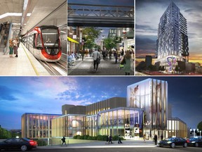 Major proposed and upcoming projects in Ottawa include the Confederation LRT Line (upper left), redevelopment of the former Domtar lands on Chaudi¾®re Island (upper centre), the Arts Court (upper right), and the facelift of the National Arts Centre (lower).
