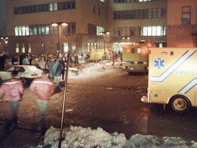 Paramedics work outside the Ecole Polytechnique after gunman Marc Lepine opened fire at the school in Montreal on Dec. 6, 1989. Twenty-five years ago, Marc Lepine went on a 20-minute shooting rampage that eventually sparked a national gun-control debate that continues until this day.