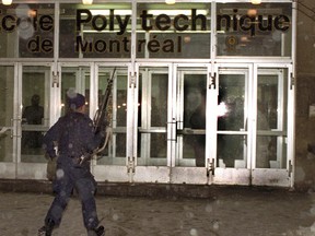 Police enter the Ecole Polytechnique after gunman Marc Lepine opened fire at the school in Montreal on Dec. 6, 1989. Twenty-five years ago, Lepine went on a 20-minute shooting rampage that eventually sparked a national gun-control debate that continues until this day.